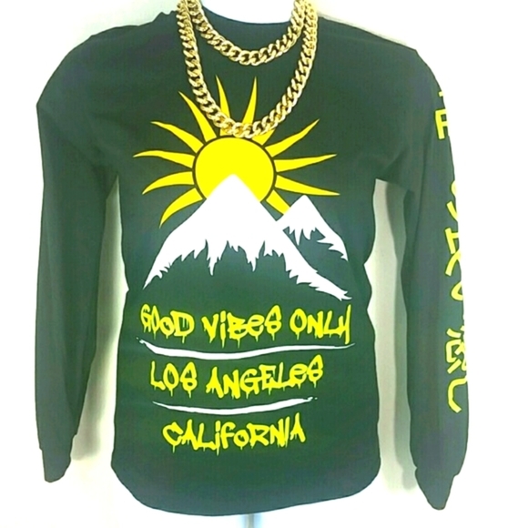 T-Shirt Los Angelos graphic print long sleeve black good vibes kanji - Picture 2 of 4